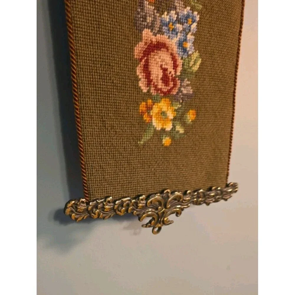 Vintage Embroidered Floral Tapestry Wall Decroative Hanging Brass Ends - 65